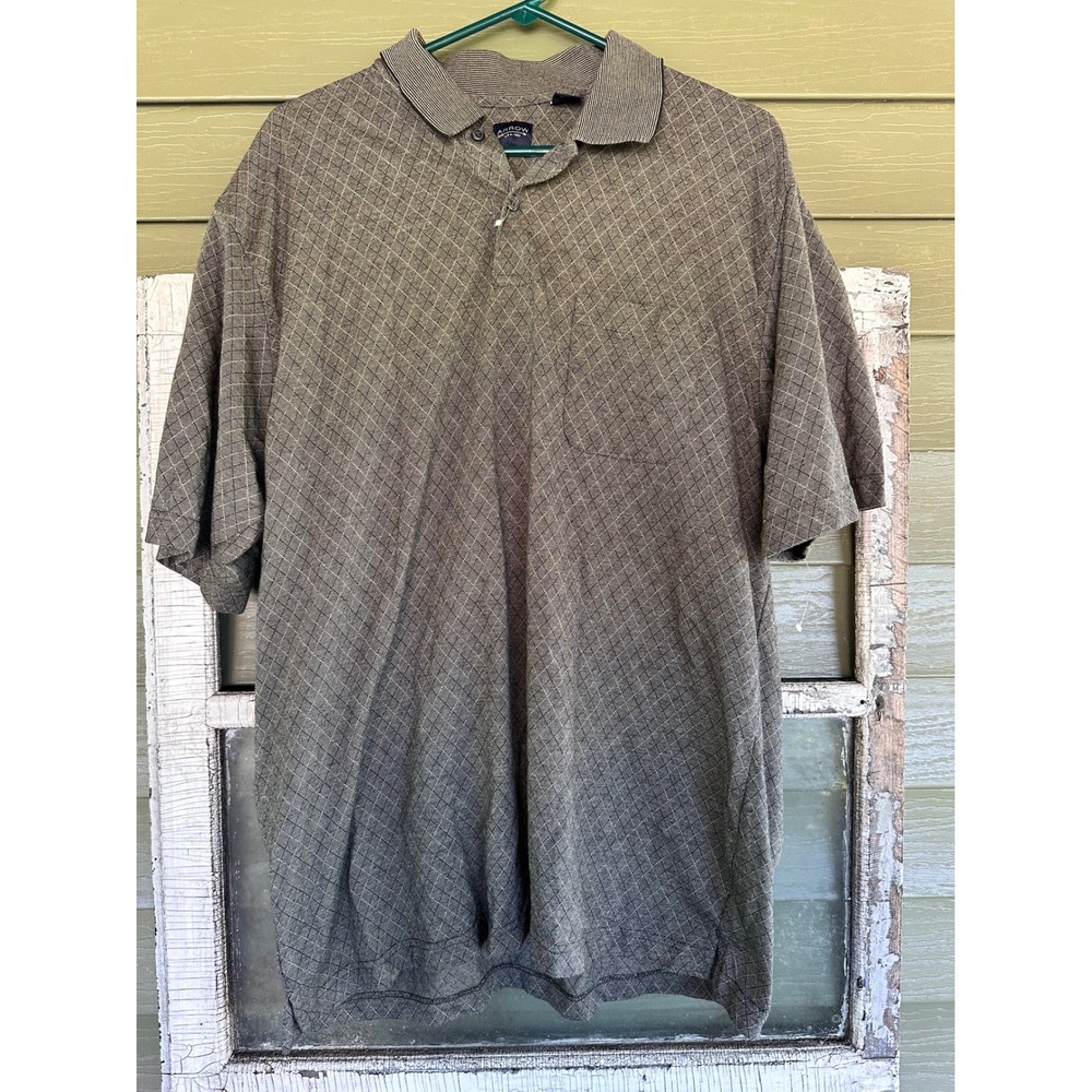 Arrow USA 1851 Mens XL Polo Shirt Green Brown Diamond Grid Short Sleeve Pocket